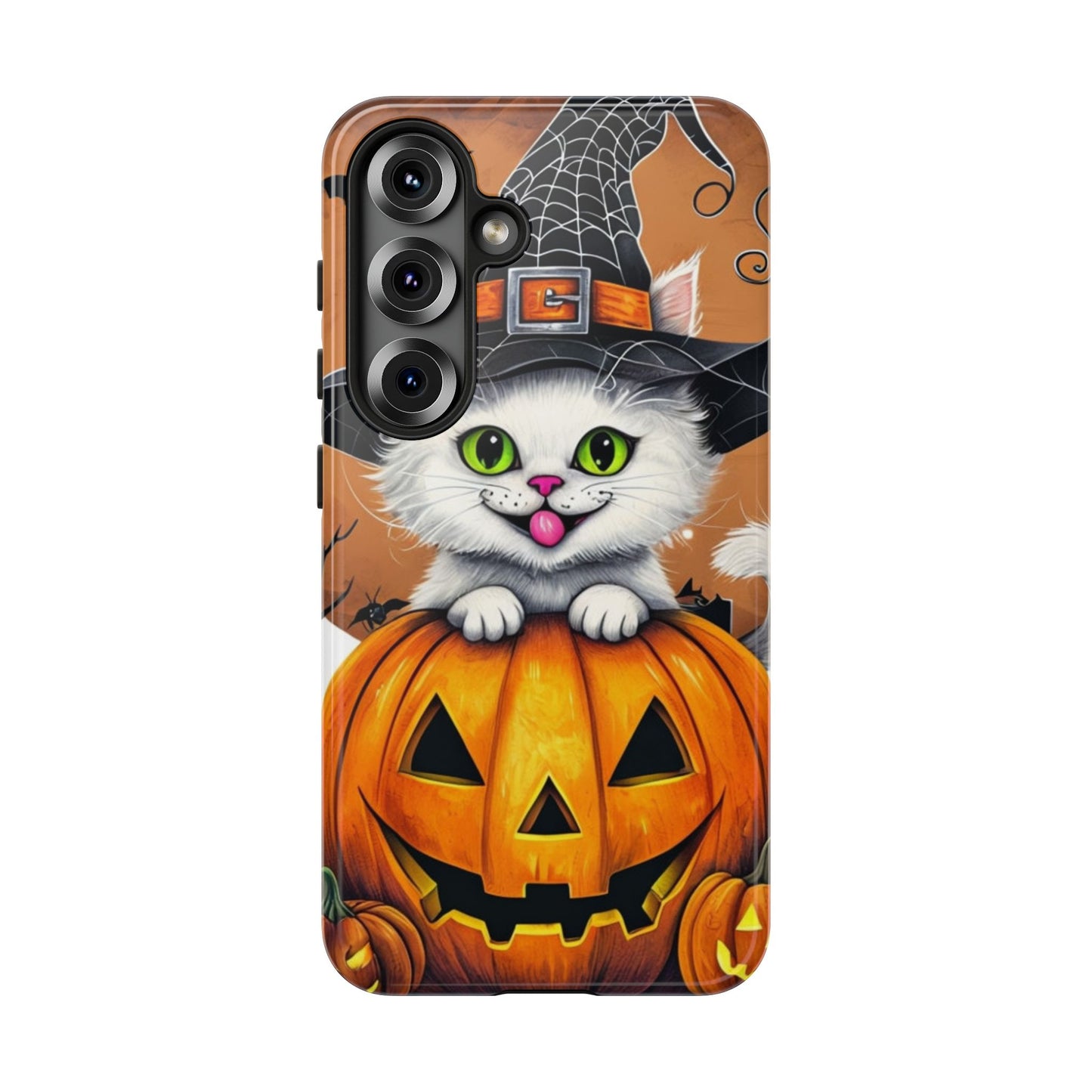 Halloween Cat Phone Case – Spooky Cute Cover with Witch Hat & Pumpkin Design