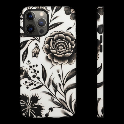 Phone Case Elegant Black and White Floral  – Stylish Protection for iPhone 12/16 and Samsung 22/25