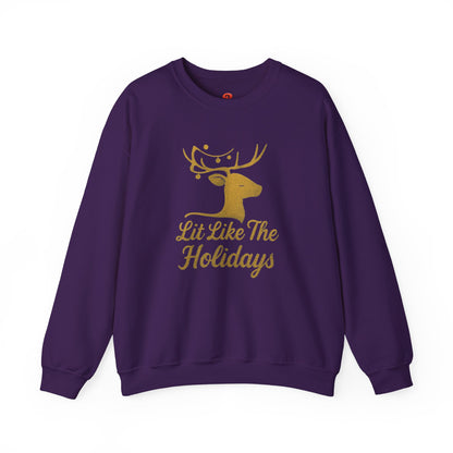 Christmas Sweatshirt "Lit Like The Holidays" – Reindeer Graphic Fleece Pullover, Festive Winter Gift