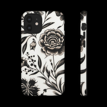 Phone Case Elegant Black and White Floral  – Stylish Protection for iPhone 12/16 and Samsung 22/25