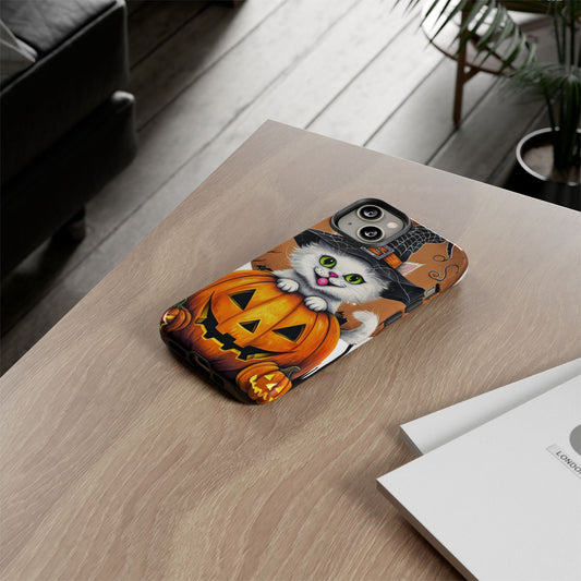 Halloween Cat Phone Case – Spooky Cute Cover with Witch Hat & Pumpkin Design