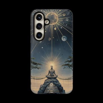 Phone Case Futuristic Meditating Figure in Cosmic Elements at Twilight – Sci-Fi Artwork