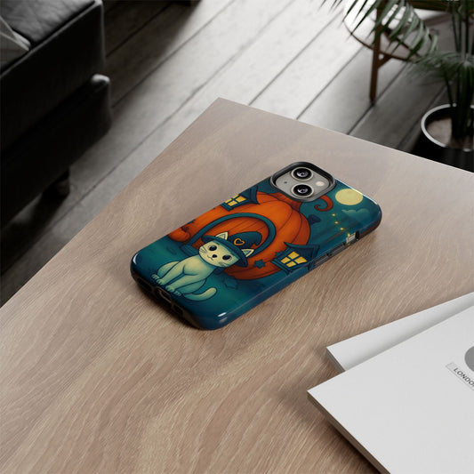 Spooky Halloween Cat Phone Case with Witch Hat and Pumpkin Design for iPhone and Android