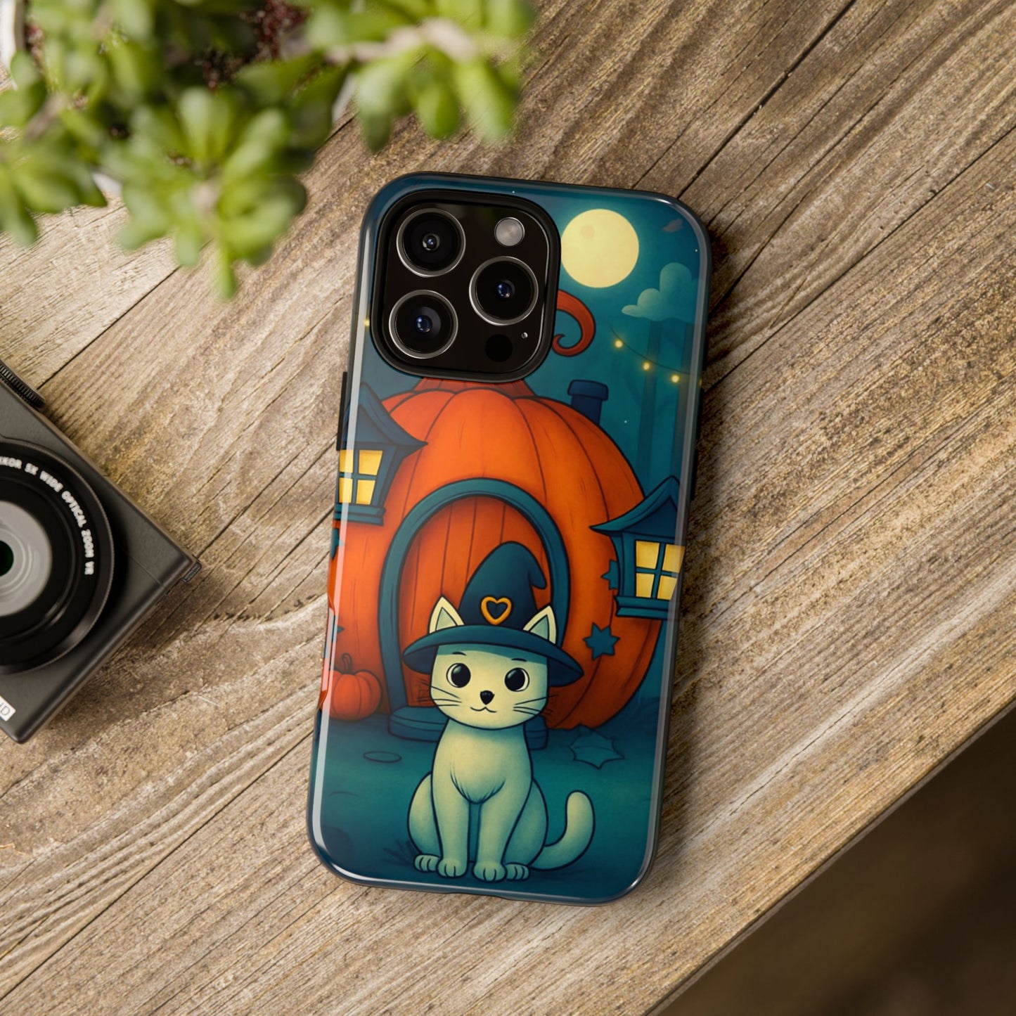 Spooky Halloween Cat Phone Case with Witch Hat and Pumpkin Design for iPhone and Android