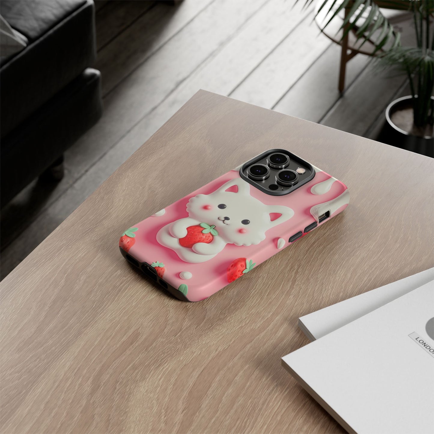 Adorable Cat Phone Case – Pink with Strawberry Design