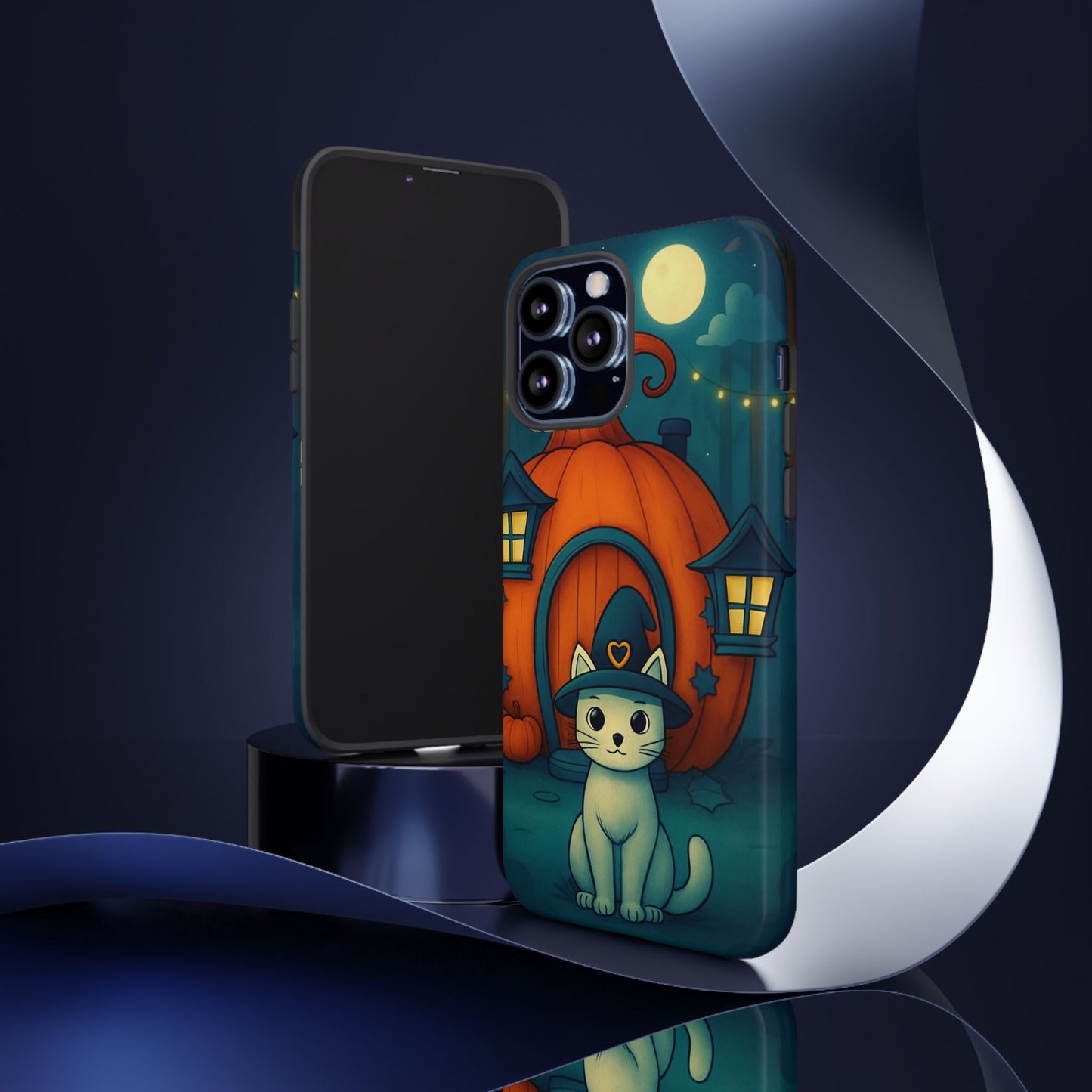 Spooky Halloween Cat Phone Case with Witch Hat and Pumpkin Design for iPhone and Android