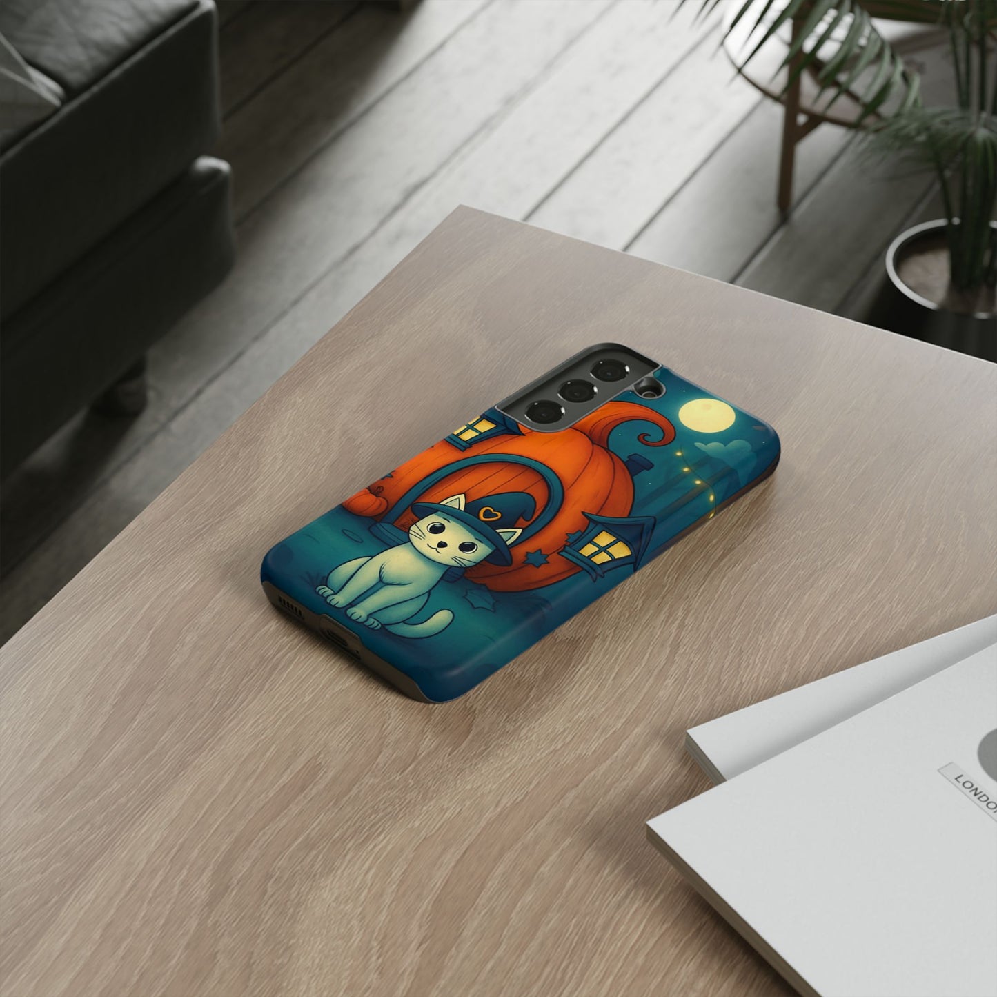 Spooky Halloween Cat Phone Case with Witch Hat and Pumpkin Design for iPhone and Android