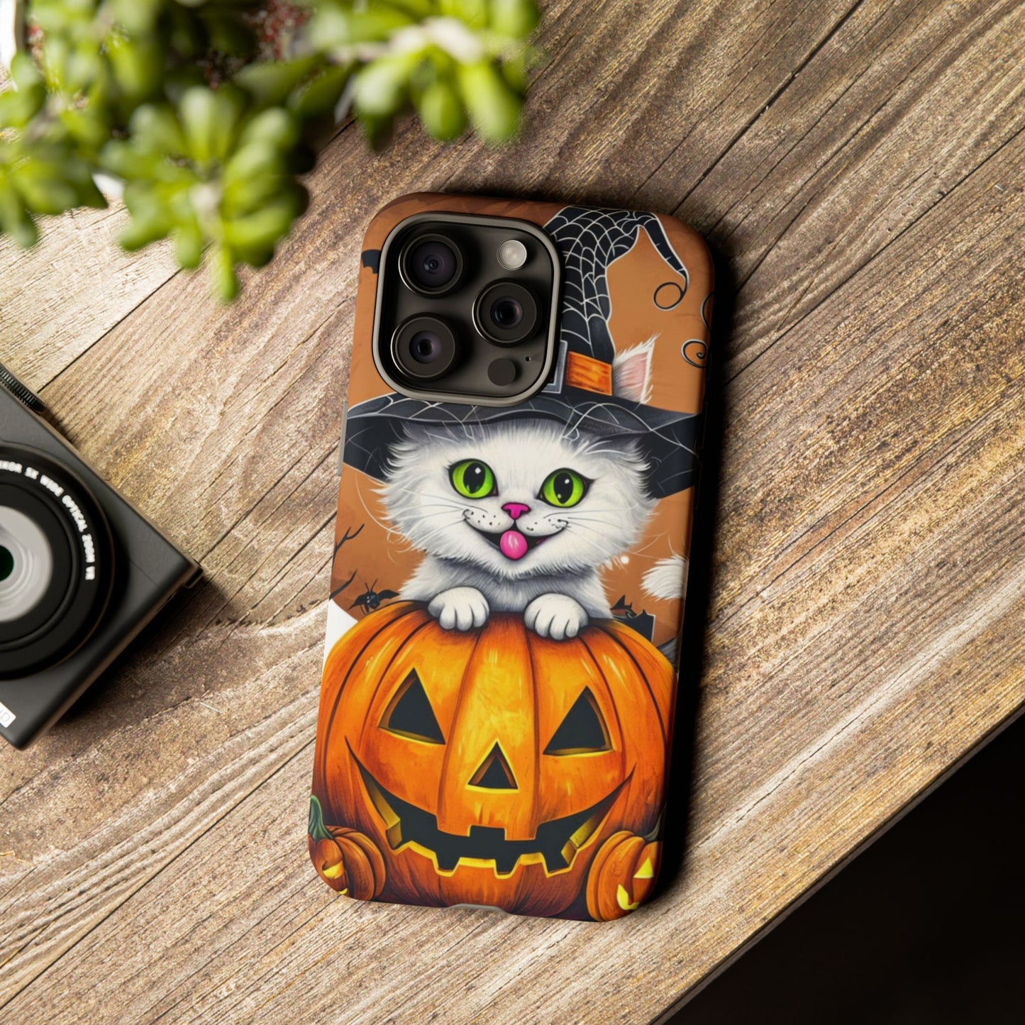 Halloween Cat Phone Case – Spooky Cute Cover with Witch Hat & Pumpkin Design