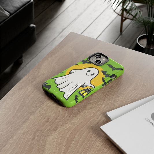 Cute Halloween Ghost Phone Case with Bats and Lantern – Perfect for Spooky Season
