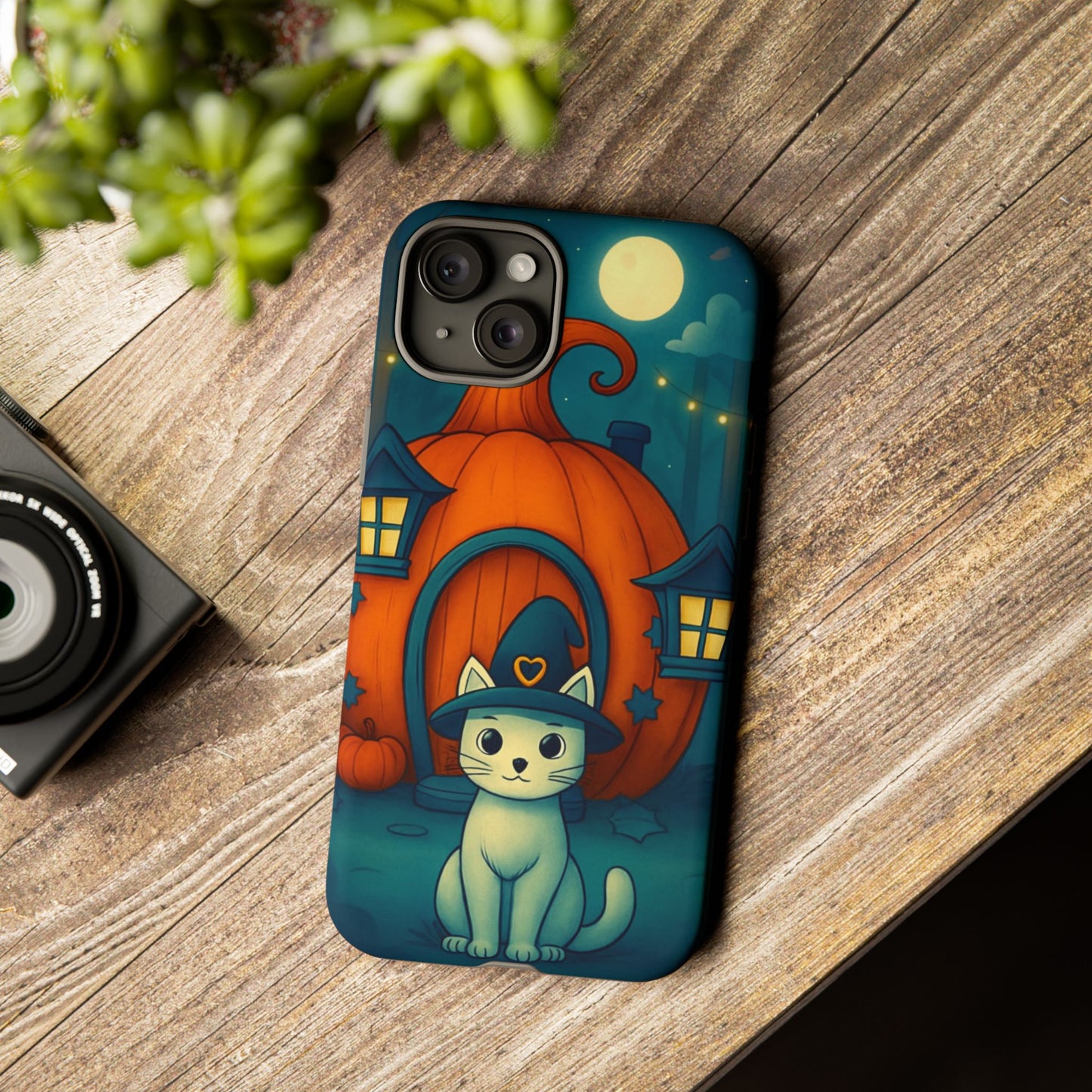 Spooky Halloween Cat Phone Case with Witch Hat and Pumpkin Design for iPhone and Android
