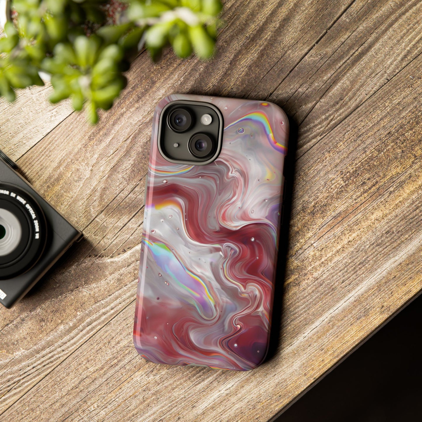 Abstract Swirl iPhone Case – Red & Holographic Marble Design - Durable & Stylish Cover