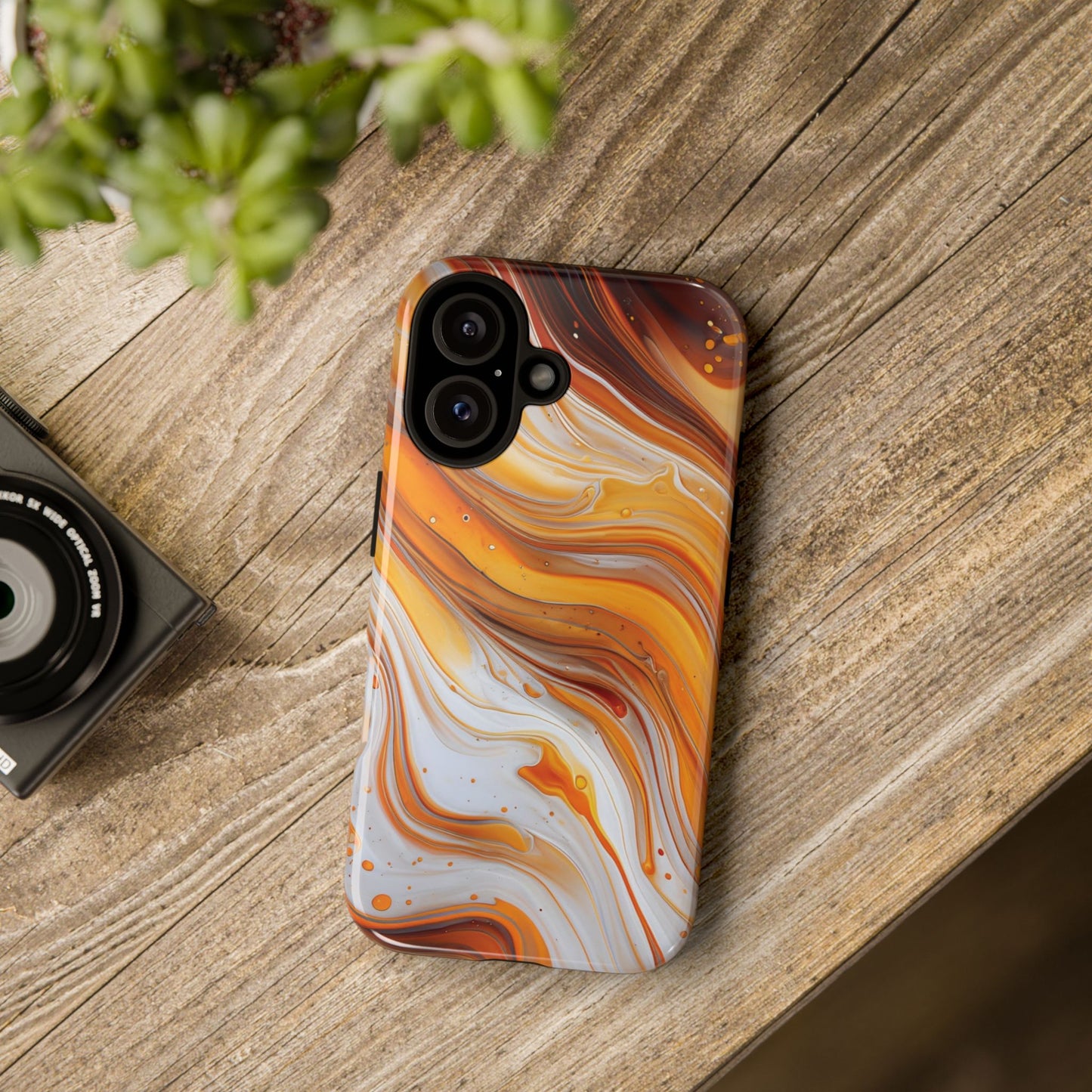 Artistic Swirl Phone Case – Orange, White & Brown Marble Texture