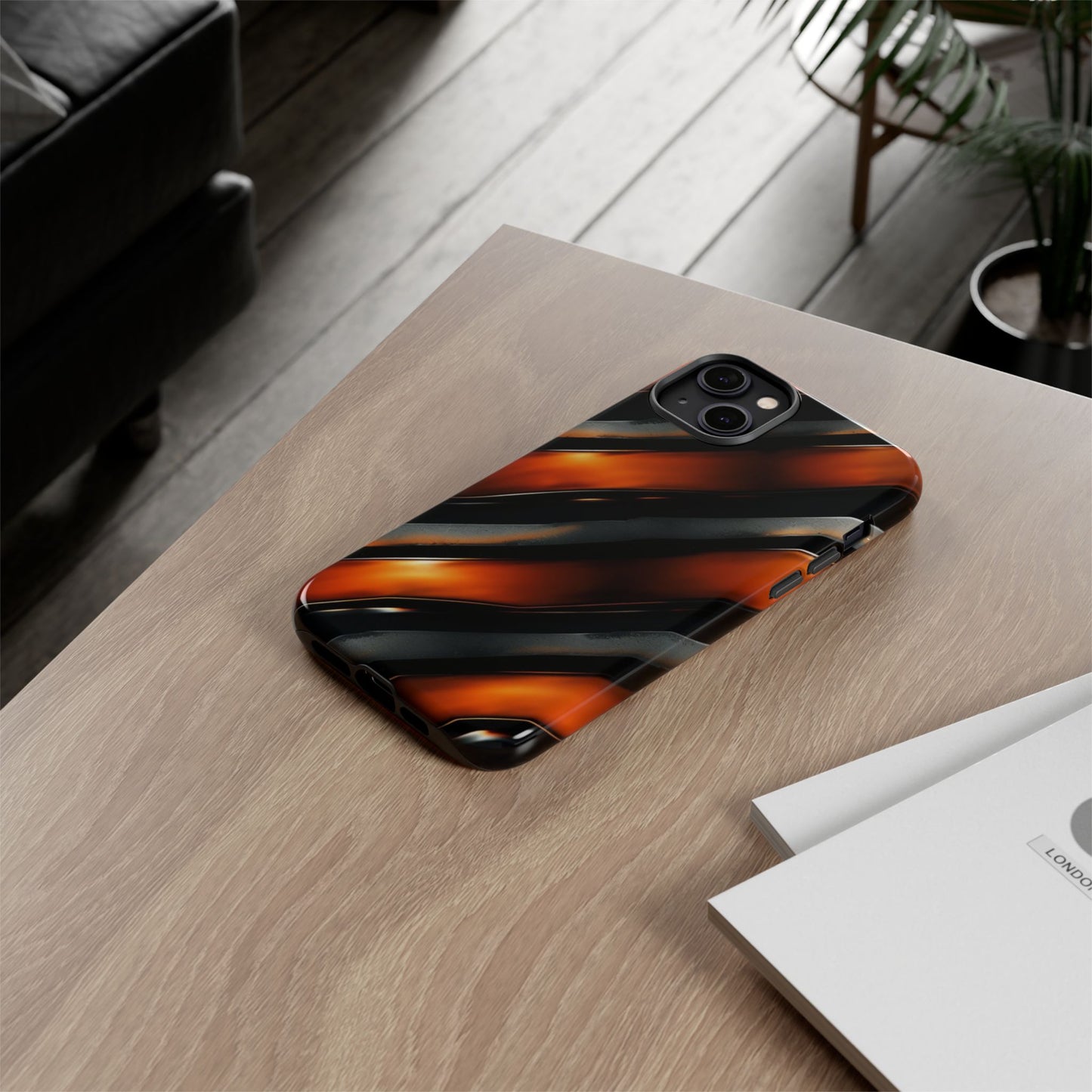 Abstract Phone Case – Black & Orange Tiger Stripe Design – Shockproof Cover