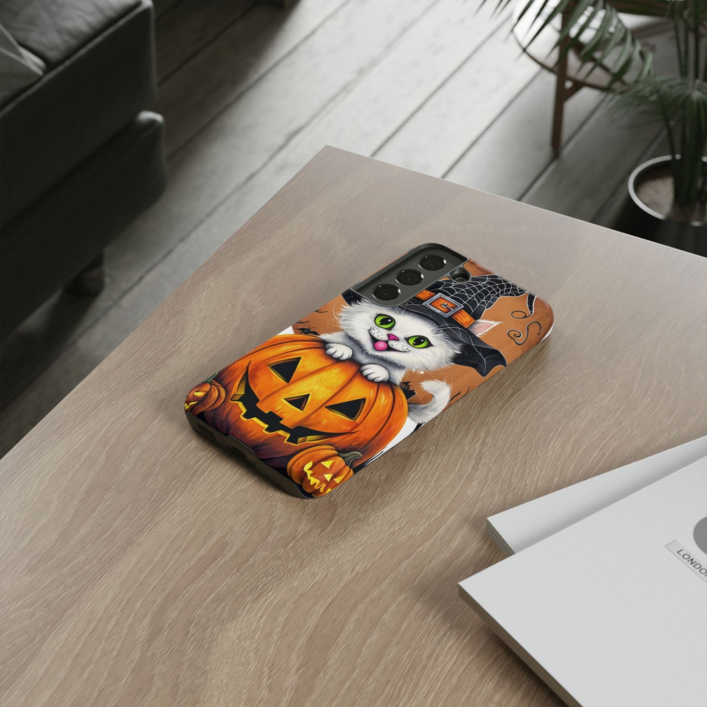 Halloween Cat Phone Case – Spooky Cute Cover with Witch Hat & Pumpkin Design