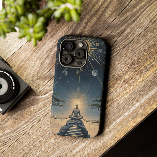 Phone Case Futuristic Meditating Figure in Cosmic Elements at Twilight – Sci-Fi Artwork