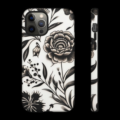 Phone Case Elegant Black and White Floral  – Stylish Protection for iPhone 12/16 and Samsung 22/25