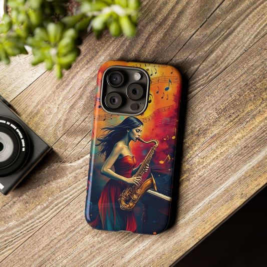 Phone Case Female Saxophonist – Elegant Jazz Illustration