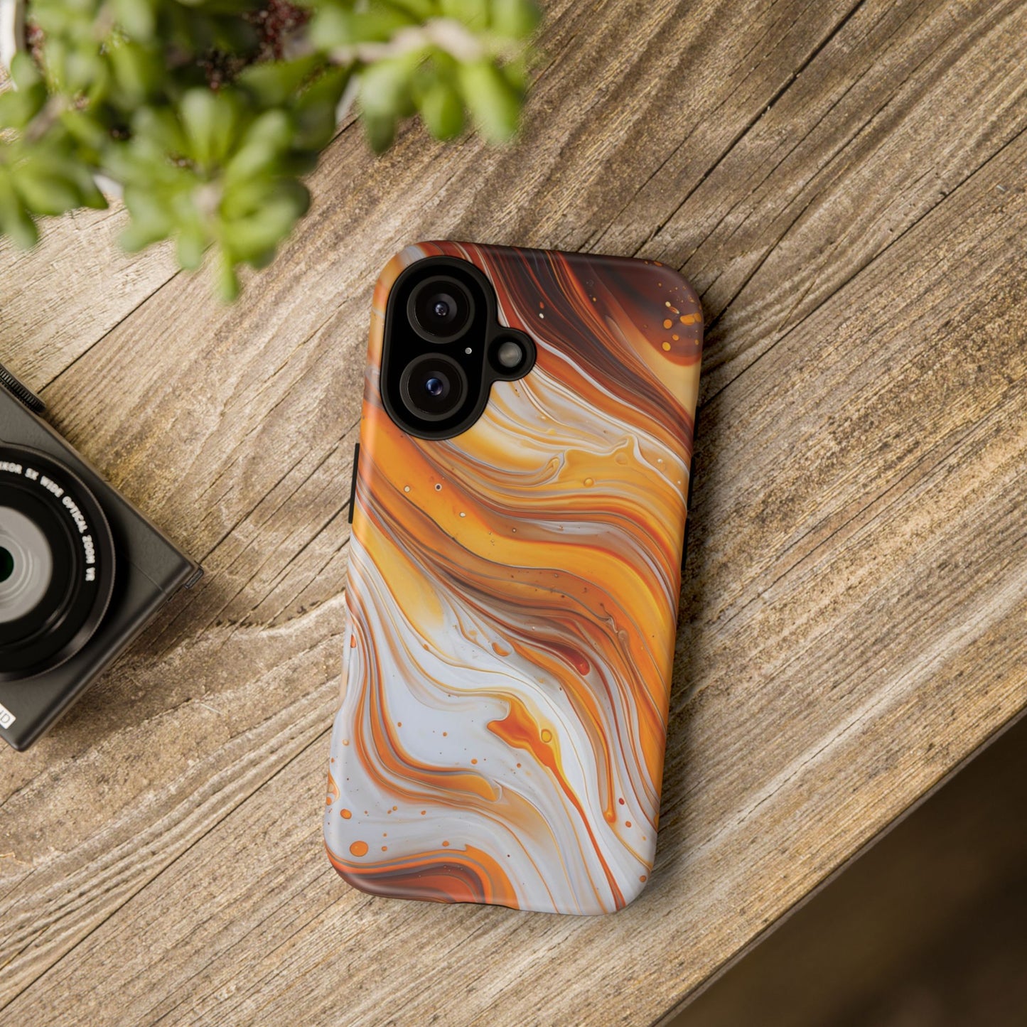 Artistic Swirl Phone Case – Orange, White & Brown Marble Texture