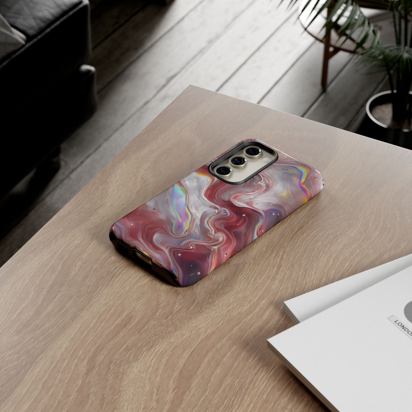 Abstract Swirl iPhone Case – Red & Holographic Marble Design - Durable & Stylish Cover