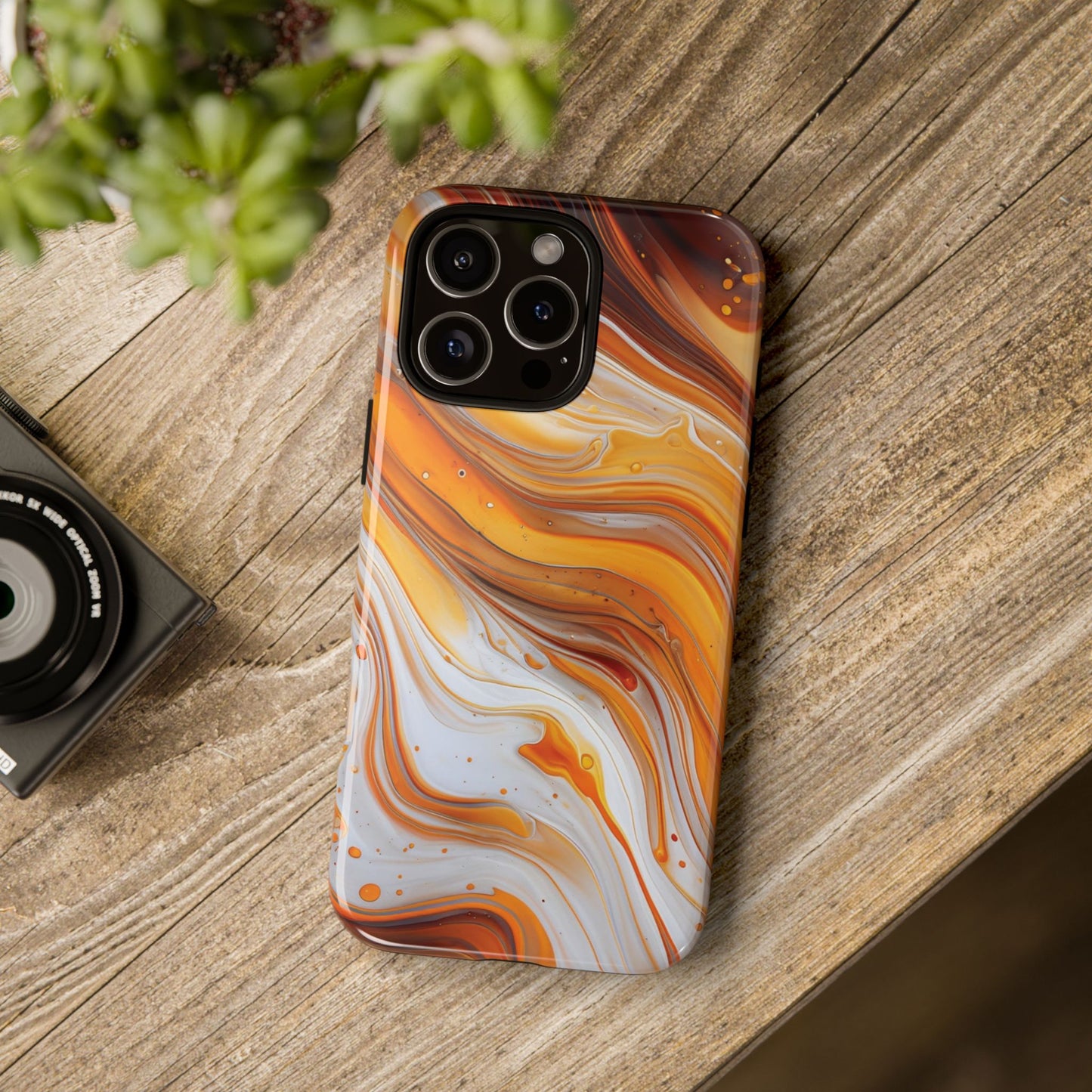 Artistic Swirl Phone Case – Orange, White & Brown Marble Texture