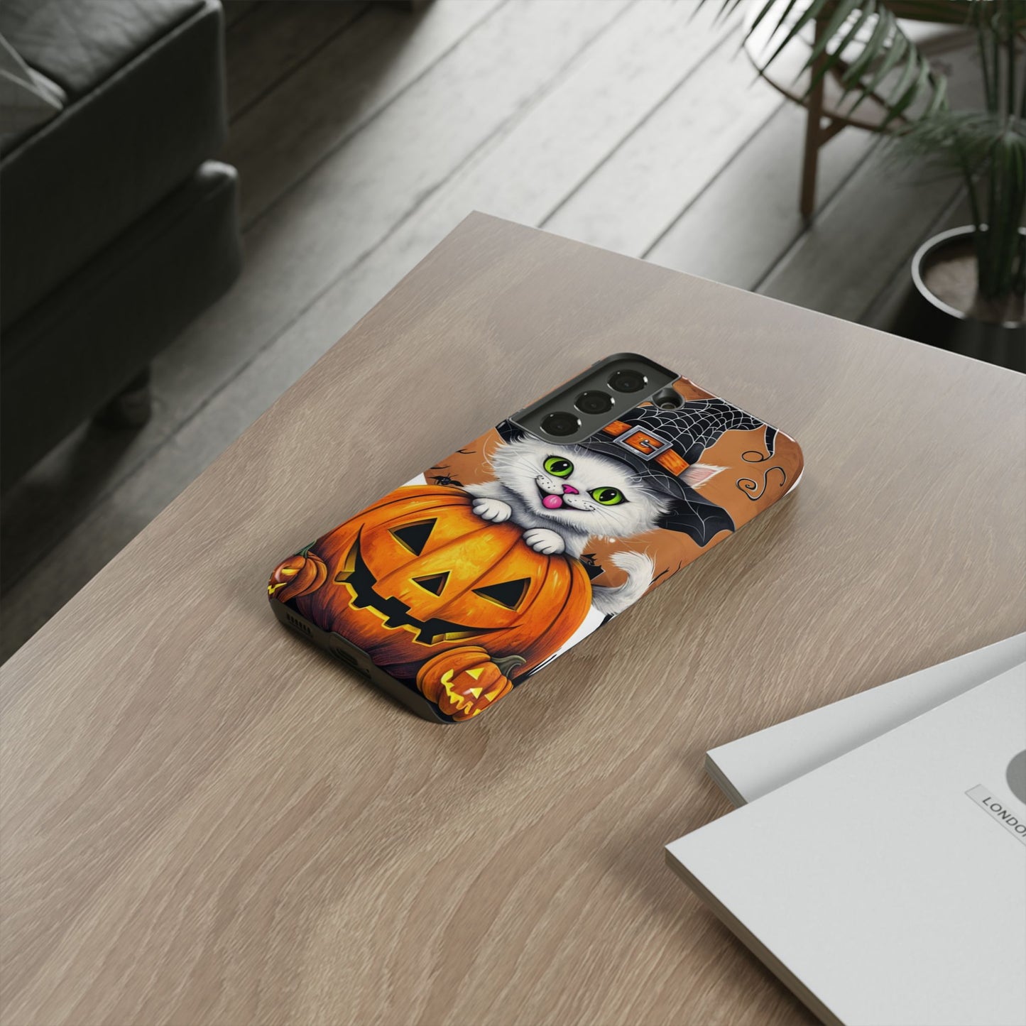Halloween Cat Phone Case – Spooky Cute Cover with Witch Hat & Pumpkin Design