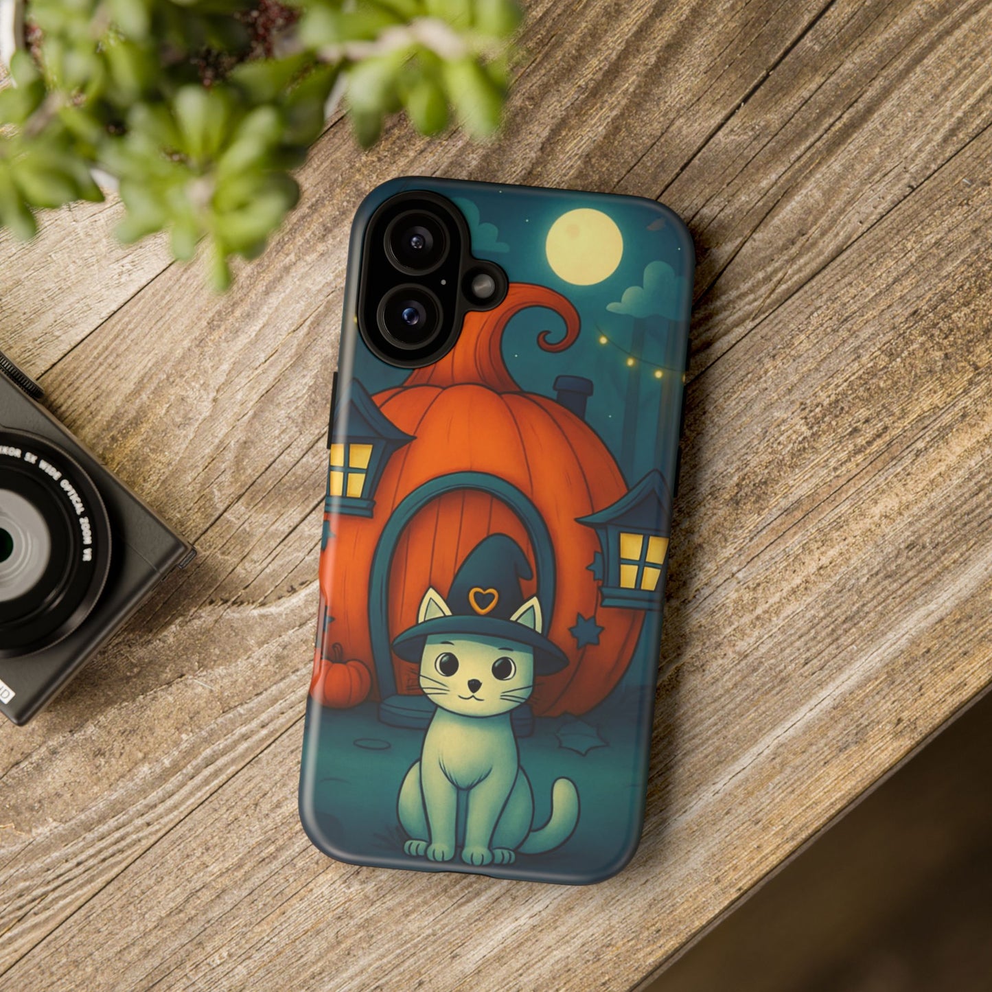 Spooky Halloween Cat Phone Case with Witch Hat and Pumpkin Design for iPhone and Android