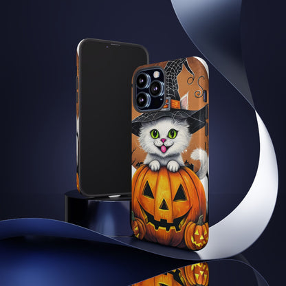 Halloween Cat Phone Case – Spooky Cute Cover with Witch Hat & Pumpkin Design