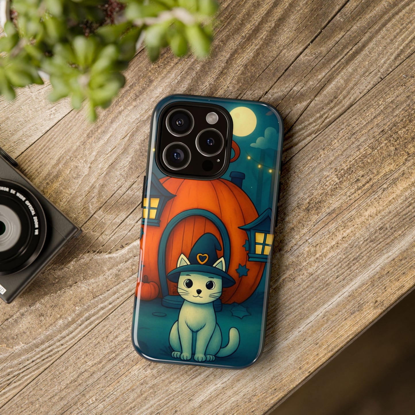 Spooky Halloween Cat Phone Case with Witch Hat and Pumpkin Design for iPhone and Android