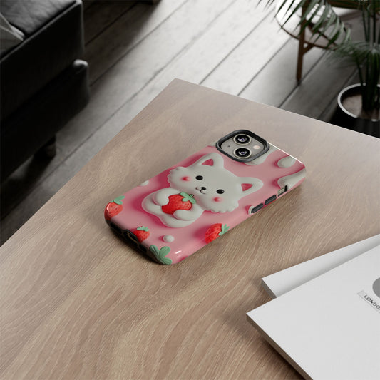 Adorable Cat Phone Case – Pink with Strawberry Design