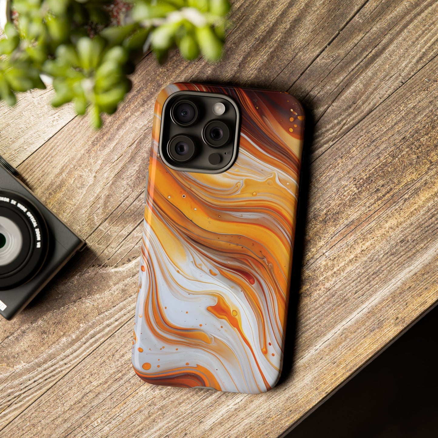 Artistic Swirl Phone Case – Orange, White & Brown Marble Texture