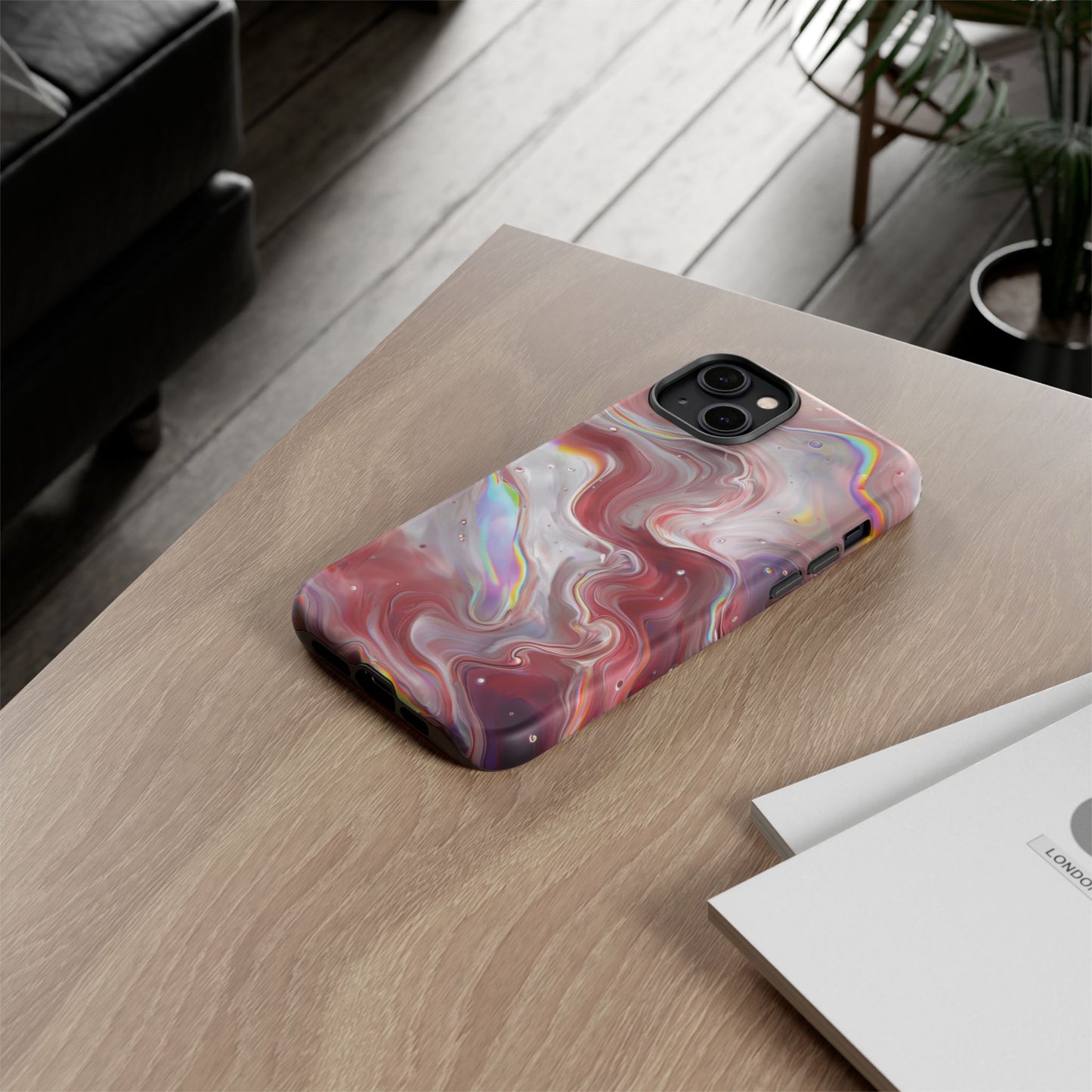 Abstract Swirl iPhone Case – Red & Holographic Marble Design - Durable & Stylish Cover