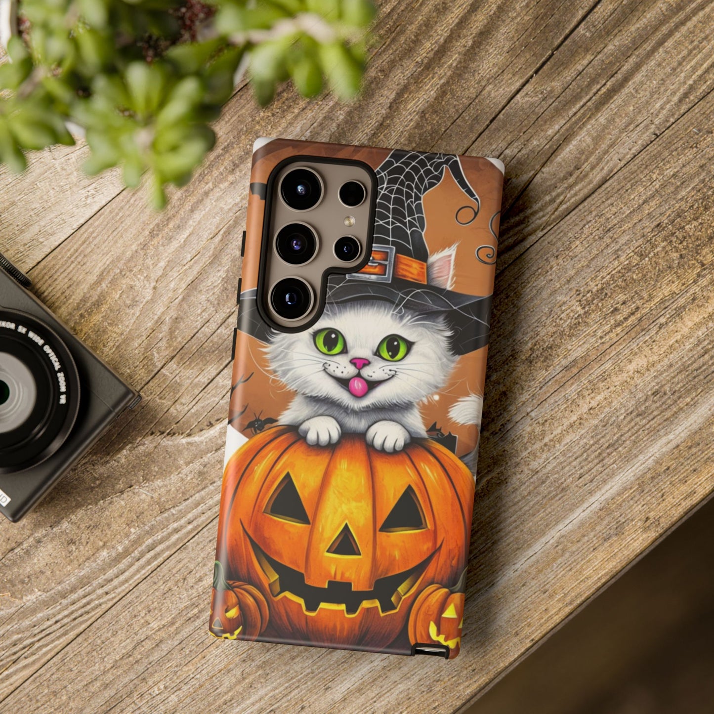 Halloween Cat Phone Case – Spooky Cute Cover with Witch Hat & Pumpkin Design