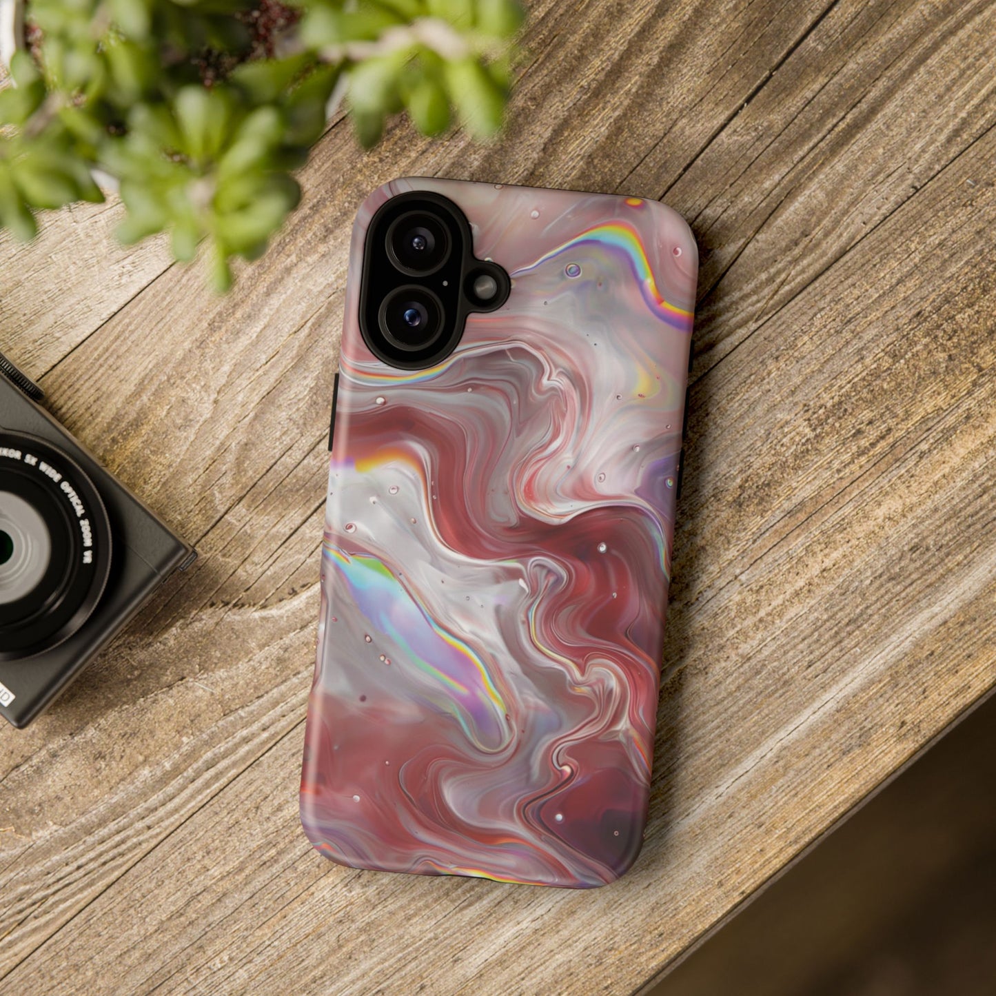 Abstract Swirl iPhone Case – Red & Holographic Marble Design - Durable & Stylish Cover