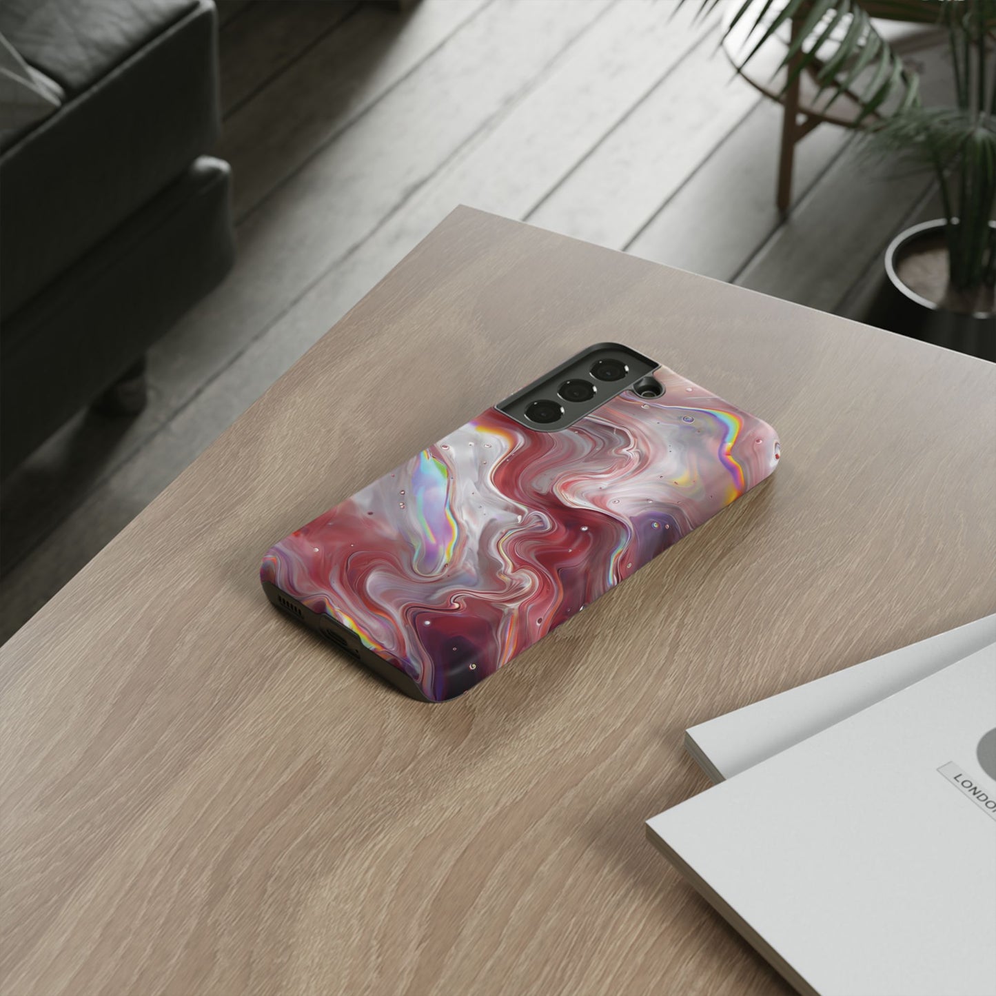 Abstract Swirl iPhone Case – Red & Holographic Marble Design - Durable & Stylish Cover