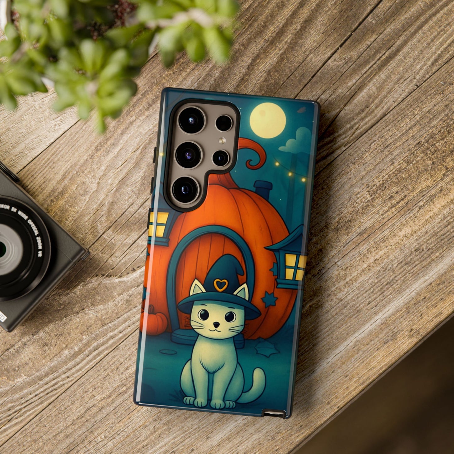 Spooky Halloween Cat Phone Case with Witch Hat and Pumpkin Design for iPhone and Android