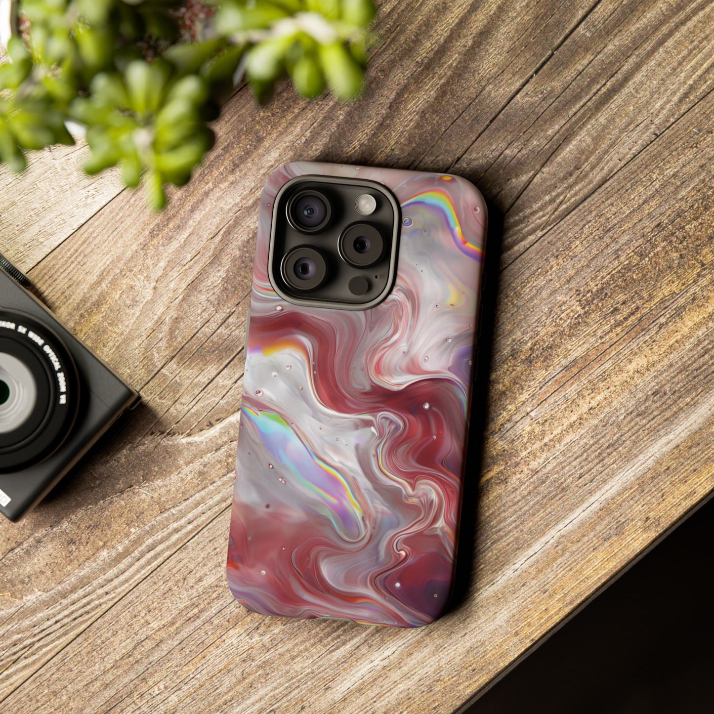 Abstract Swirl iPhone Case – Red & Holographic Marble Design - Durable & Stylish Cover