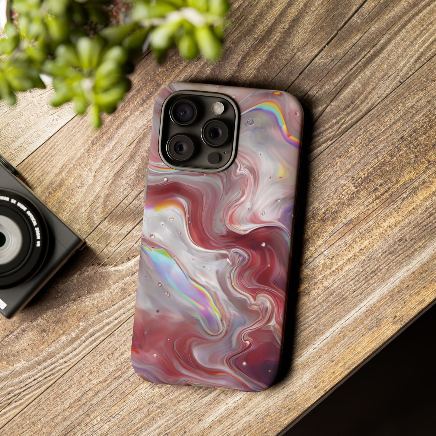 Abstract Swirl iPhone Case – Red & Holographic Marble Design - Durable & Stylish Cover