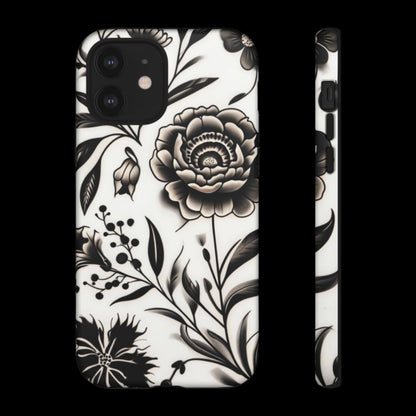 Phone Case Elegant Black and White Floral  – Stylish Protection for iPhone 12/16 and Samsung 22/25