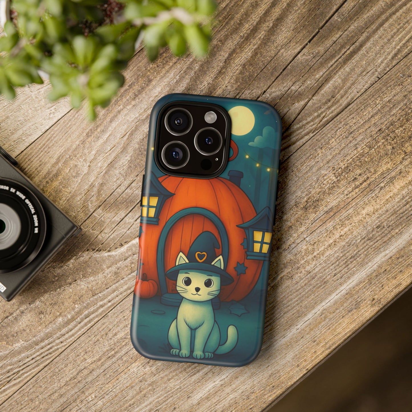 Spooky Halloween Cat Phone Case with Witch Hat and Pumpkin Design for iPhone and Android