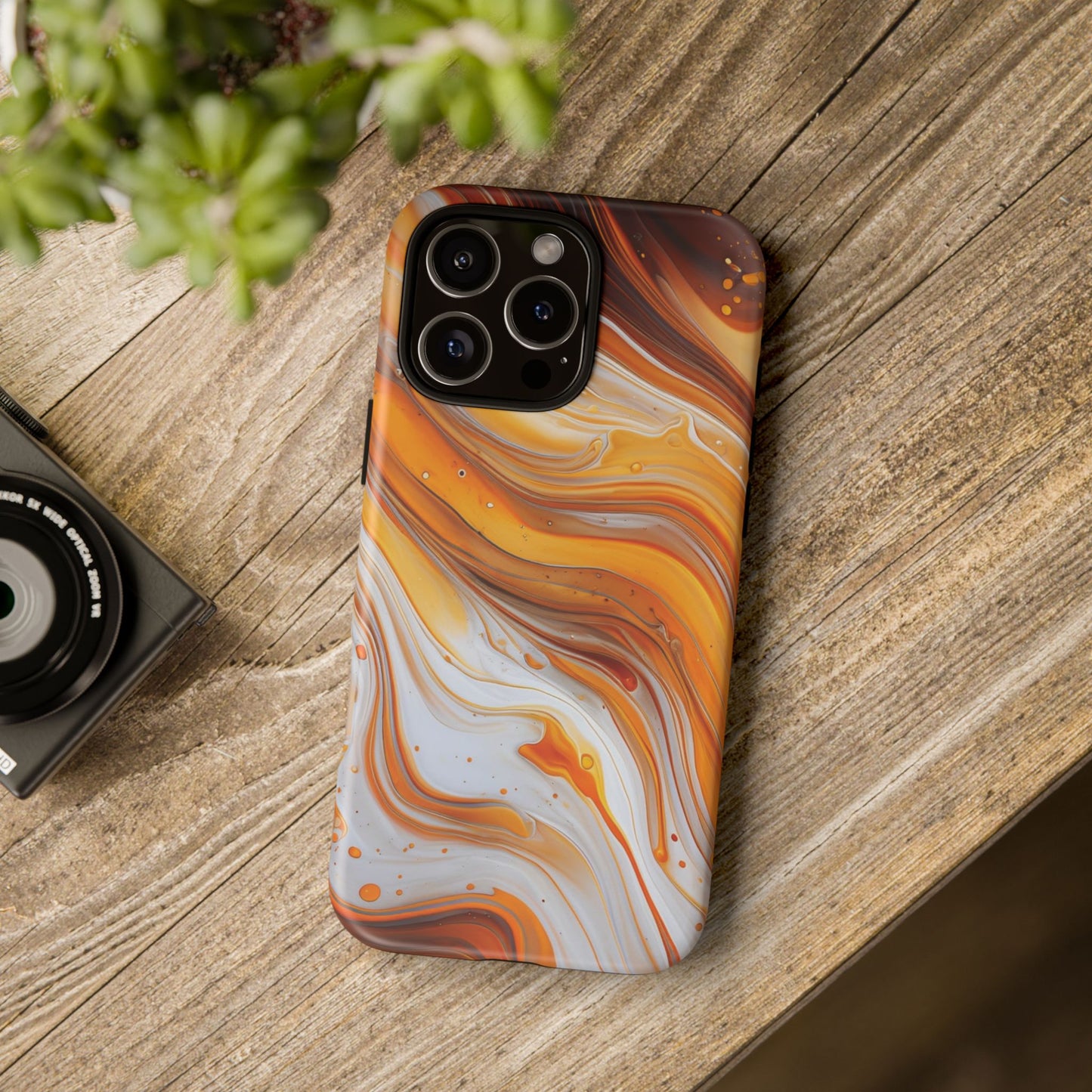 Artistic Swirl Phone Case – Orange, White & Brown Marble Texture