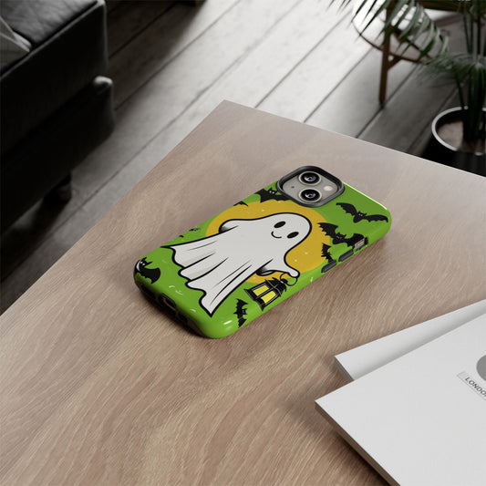 Cute Halloween Ghost Phone Case with Bats and Lantern – Perfect for Spooky Season