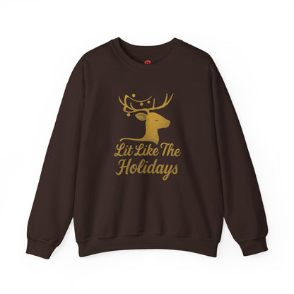 Christmas Sweatshirt "Lit Like The Holidays" – Reindeer Graphic Fleece Pullover, Festive Winter Gift