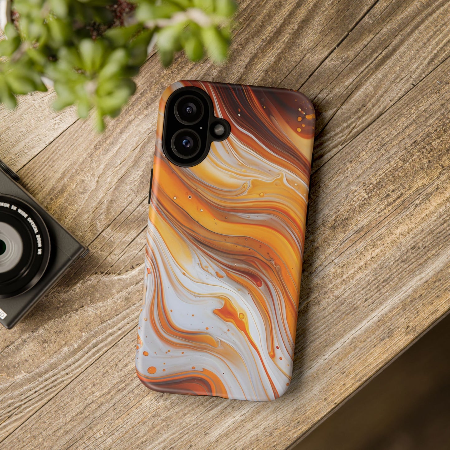 Artistic Swirl Phone Case – Orange, White & Brown Marble Texture