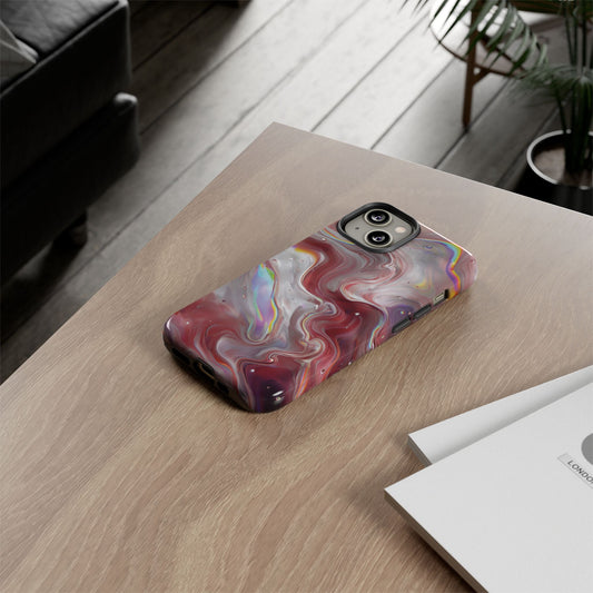 Abstract Swirl iPhone Case – Red & Holographic Marble Design - Durable & Stylish Cover