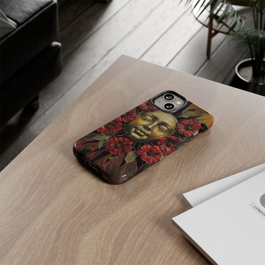 Phone Case Surreal Metallic Sun Face with Dark Red Flowers- Unique Modern Art Design