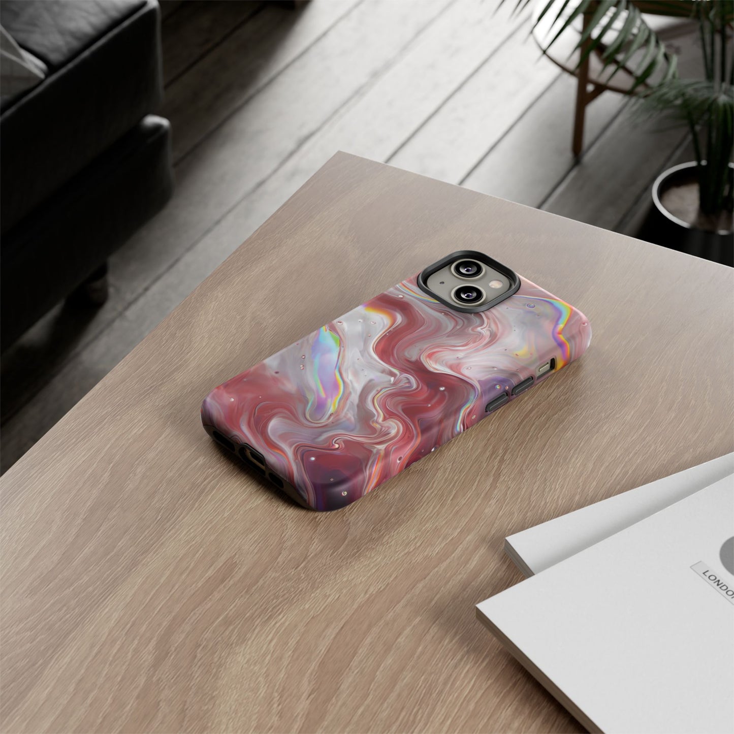 Abstract Swirl iPhone Case – Red & Holographic Marble Design - Durable & Stylish Cover