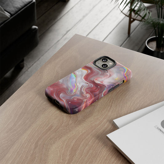 Abstract Swirl iPhone Case – Red & Holographic Marble Design - Durable & Stylish Cover