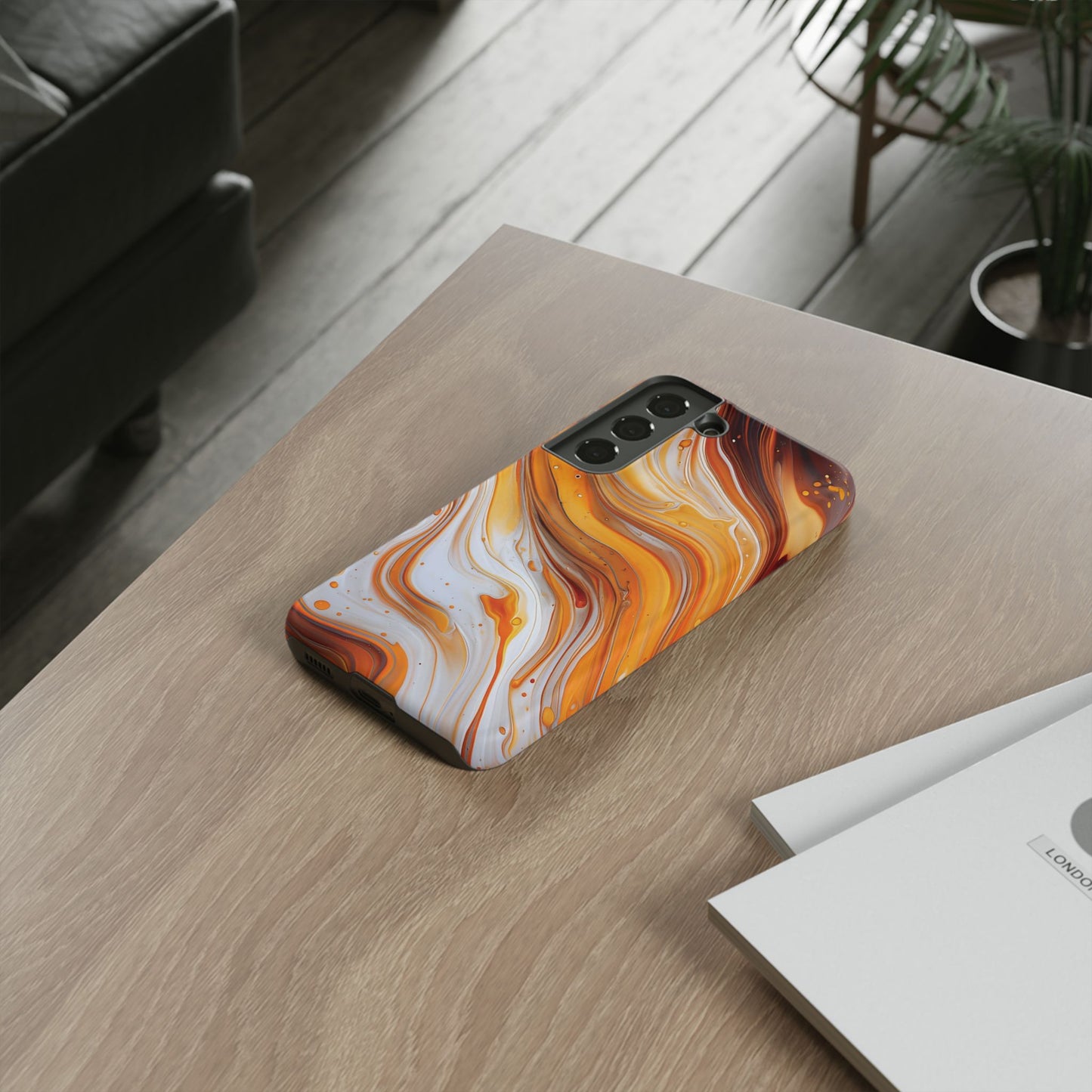 Artistic Swirl Phone Case – Orange, White & Brown Marble Texture