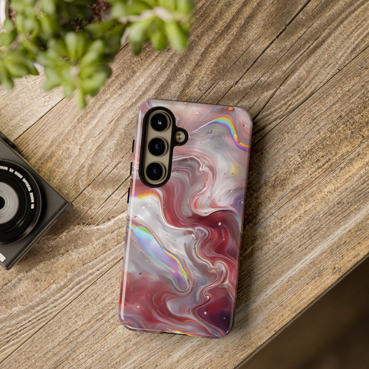Abstract Swirl iPhone Case – Red & Holographic Marble Design - Durable & Stylish Cover