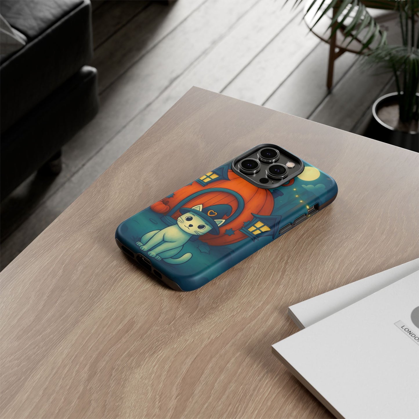 Spooky Halloween Cat Phone Case with Witch Hat and Pumpkin Design for iPhone and Android